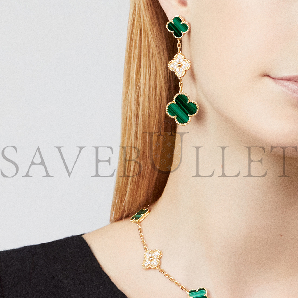 VAN CLEEF  ARPELS MAGIC ALHAMBRA EARRINGS, 3 MOTIFS - YELLOW GOLD, DIAMOND, MALACHITE  VCARO9II00